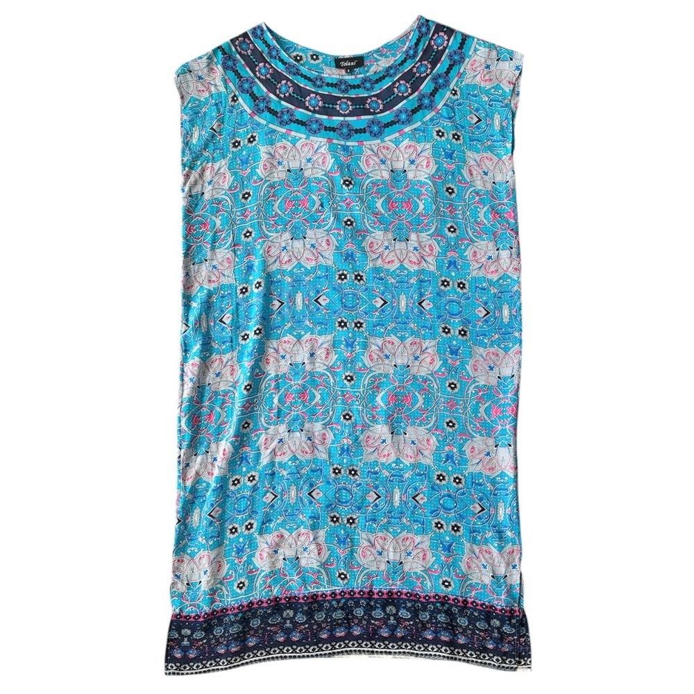 Tolani Silk Tunic Dress Blue Floral Short Sleeve Art To Wear